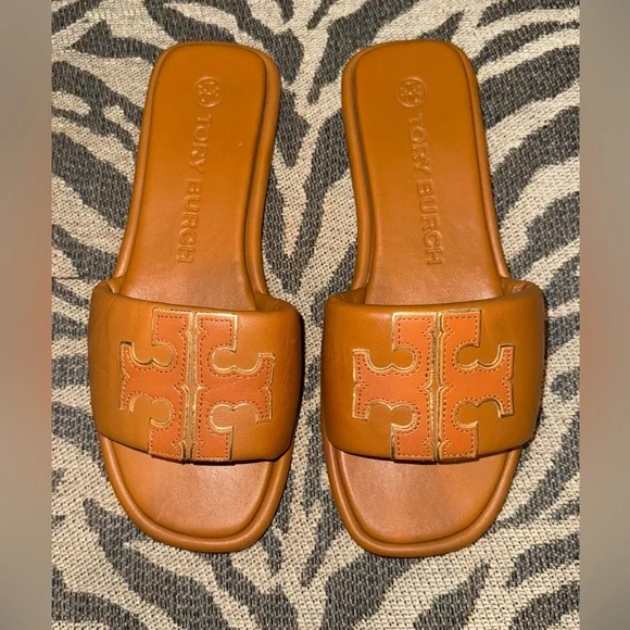 Tory Burch Tan Sport Leather Slides with Gold Detailing Double T size 7 - Picture 2 of 12